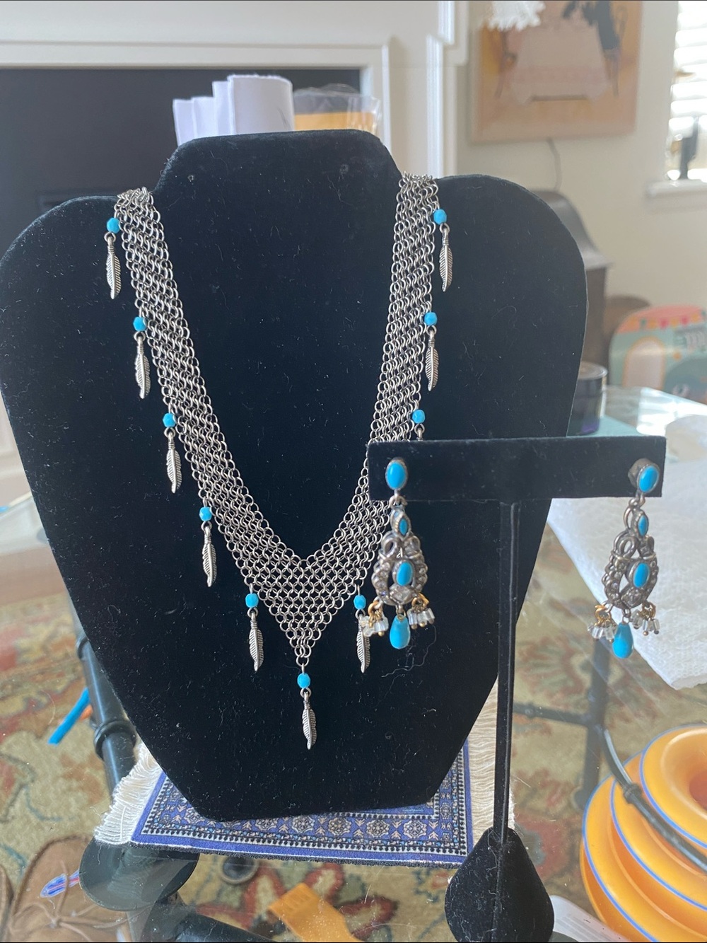 Turquoise Accent Multi-Chain Statement Necklace and Earrings Set